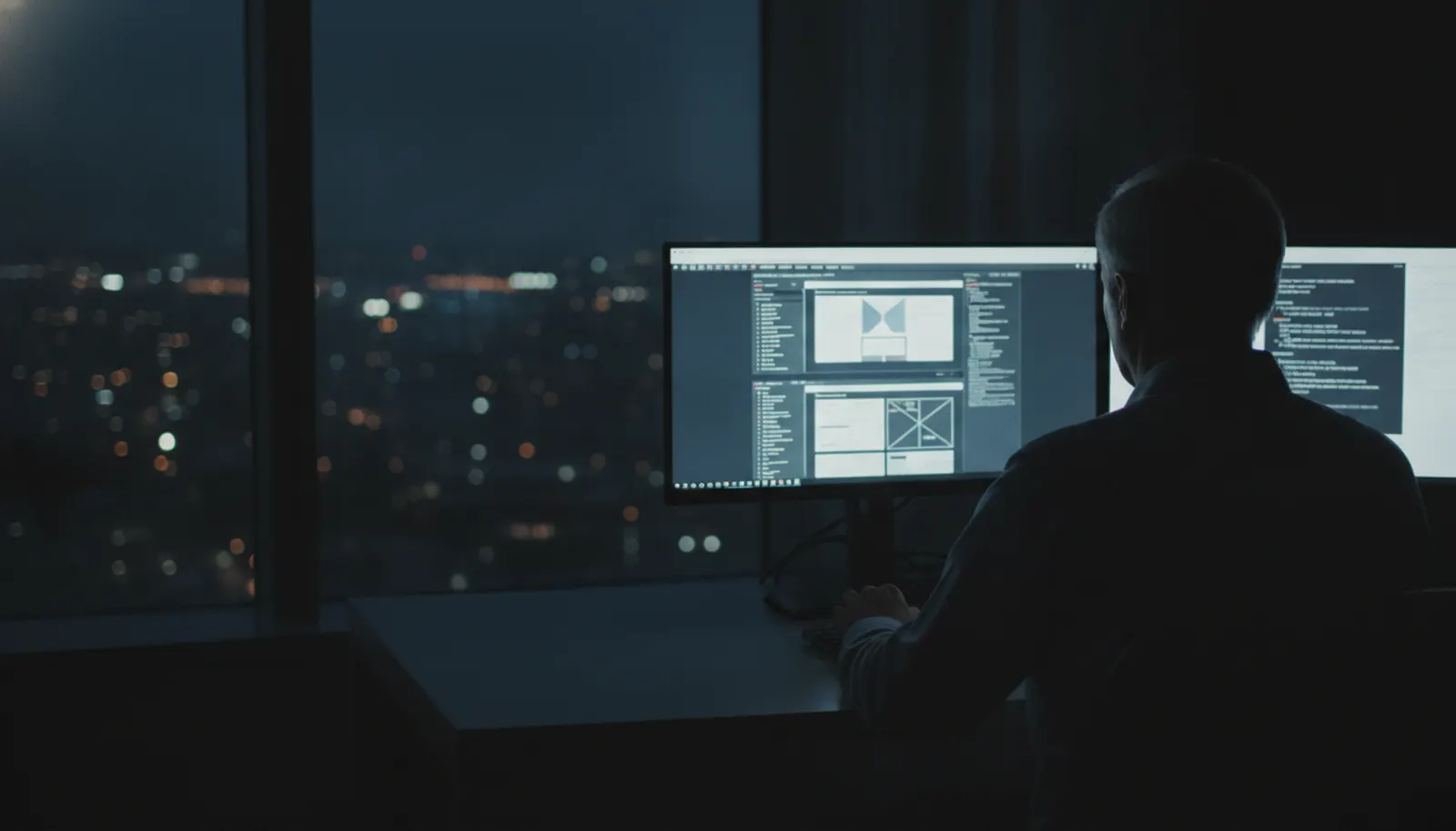 A developer at two monitors overlooking the city at 3 AM, deploying a site update with zero downtime
