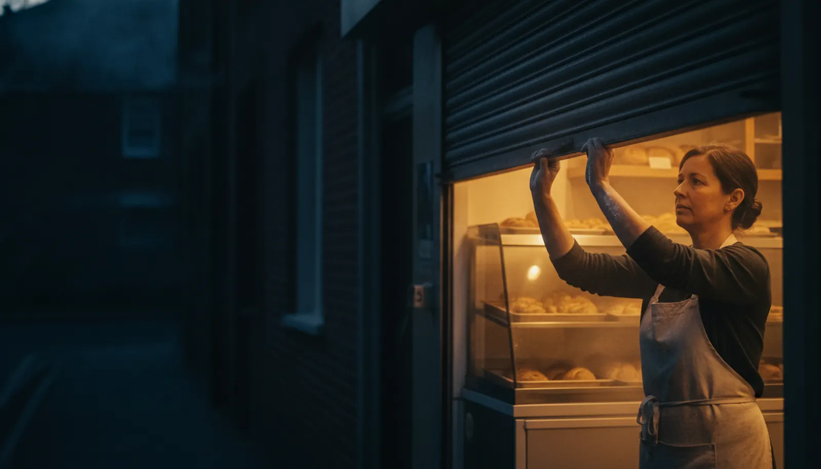 A baker raising her shop shutter at first light as follow-up texts go out to every new lead