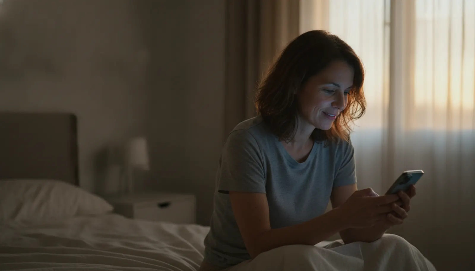 A business owner on her bed at 6:55 AM smiling at her phone: new leads, booked jobs and fresh reviews overnight
