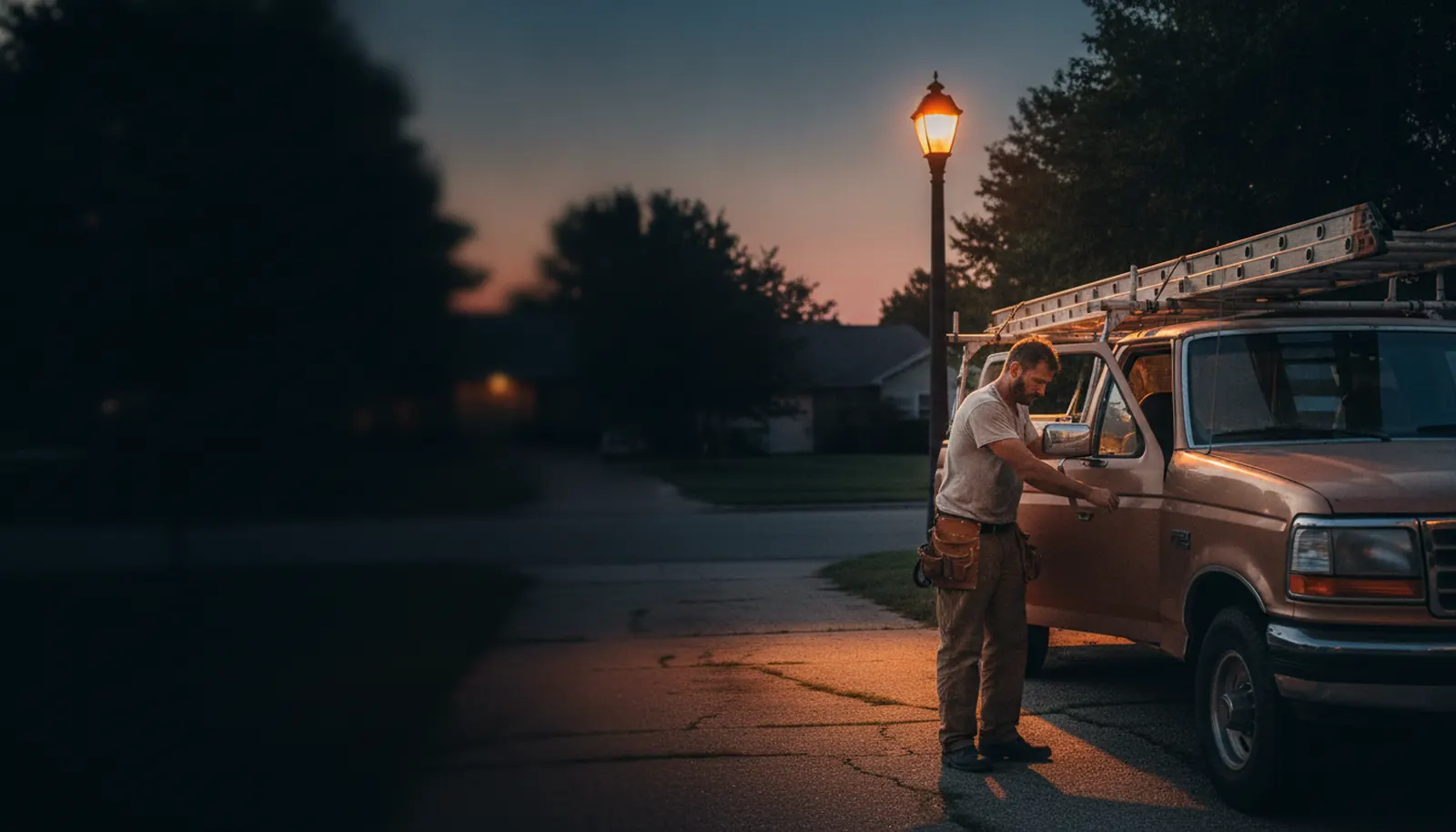 A roofer at his truck under a streetlight at 9:14 PM while an AI assistant answers his missed call and books an estimate