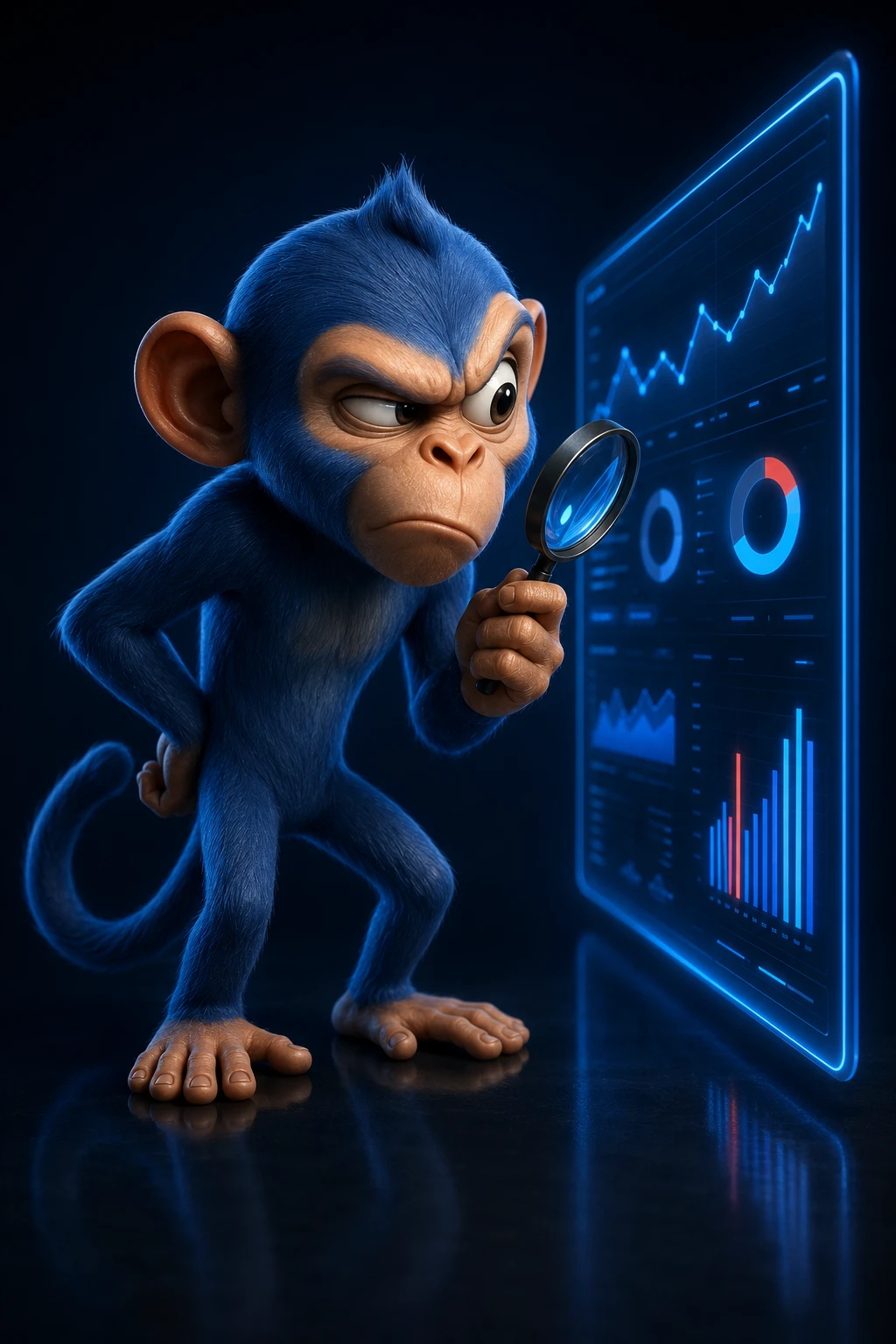 The Whazoo monkey inspecting a performance dashboard with a magnifying glass