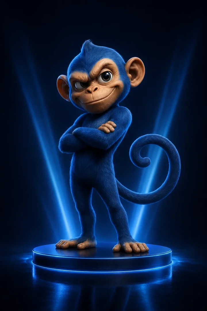 The Whazoo monkey standing on a glowing podium, arms crossed
